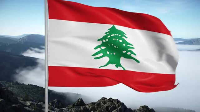 National flag of lebanon waving over misty mountain landscape