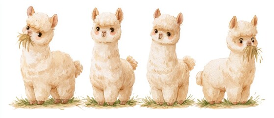 Fototapeta premium Cute watercolor illustration of a fluffy alpaca standing and eating hay, four different poses in a horizontal row, character sheet, isolated on a white background, soft colors, children's book