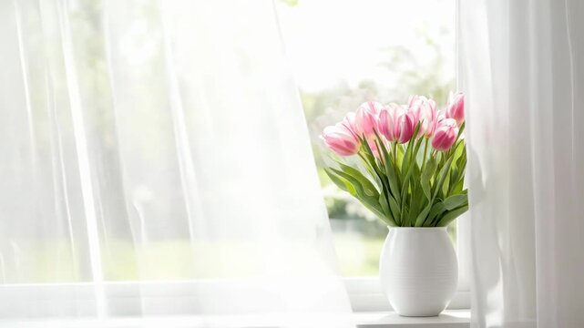 Bright, serene video scene of tulips in a vase by a window, captured from a side angle. Live desktop wallpaper.