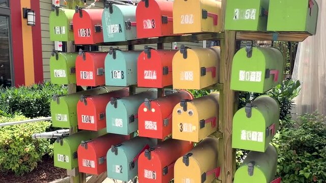 Vivid, retro mailboxes arranged in rows outside a modern city apartment, each painted a bold color. Natural sunlight with leafy landscaping, festive string lights