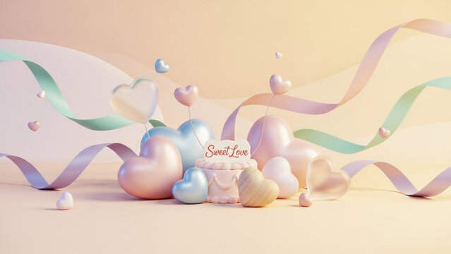 Pastel heart balloons and ribbons for Valentine Day celebration or romantic anniversary event