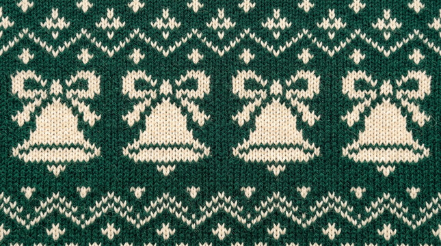 Knitted Christmas sweater pattern texture with festive bells and winter motifs in green and white