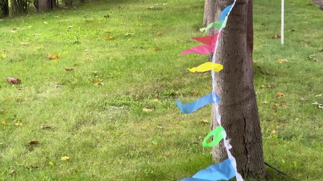 Medium shot of colorful paper bunting garland tied to a tree trunk swaying in the wind on a lawn. Ideal for event planning ads, birthday party promos, and festive decor media.