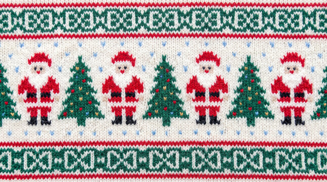 Christmas sweater knit texture background with Santa Claus and fir tree pattern