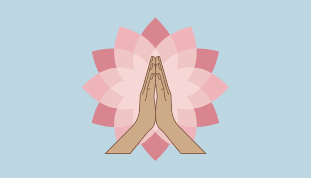 Meditation and yoga concept with hands folded in prayer gesture namaste in front of a blooming pink lotus.