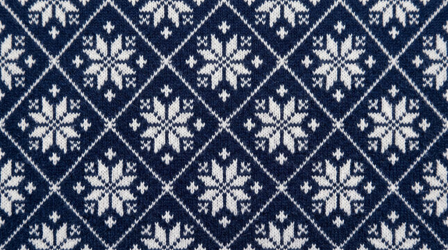 Knitted sweater pattern background with blue and white Nordic snowflake and diamond design