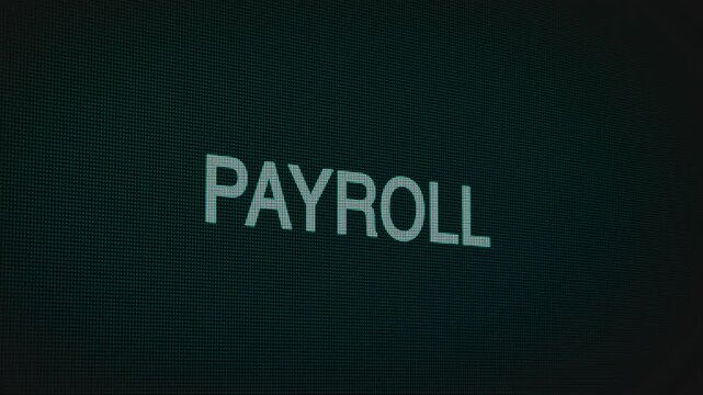 Payroll word text typing animation on a computer screen in After Effects. Motion graphics highlight salaries, wages, and modern digital business finance concepts.