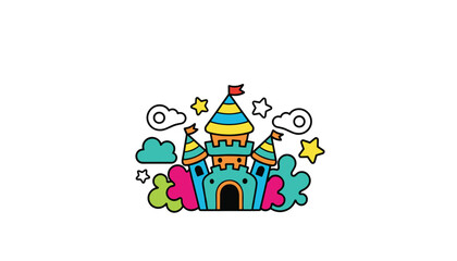 Naklejka premium Whimsical colorful cartoon castle featuring vibrant striped towers, surrounded by playful clouds, stars, and bright garden bushes.