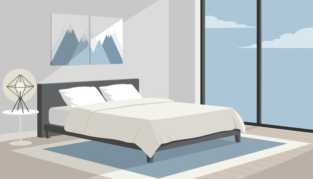 Contemporary bedroom interior design featuring a minimalist double bed, modern side table, artistic mountain paintings, and large glass door.