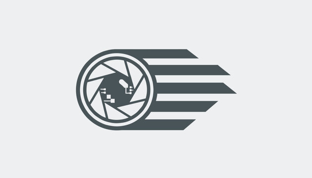 High speed cybernetic camera lens logo featuring a stylized grey aperture eye with fast motion horizontal lines on a light grey background.