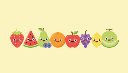 Fototapeta premium Large set of adorable cartoon fruit characters with cute faces arranged in a neat row on a solid yellow background.