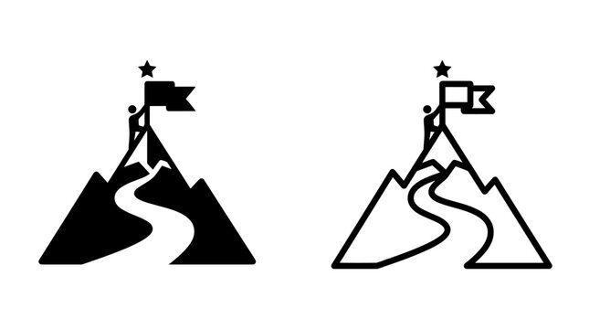 Mountain peak summit with winding path and climber flag icon set