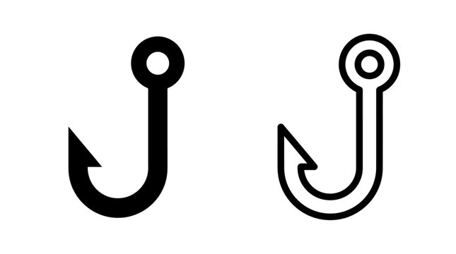 Minimalist black and white fish hook graphic icon set with equipment