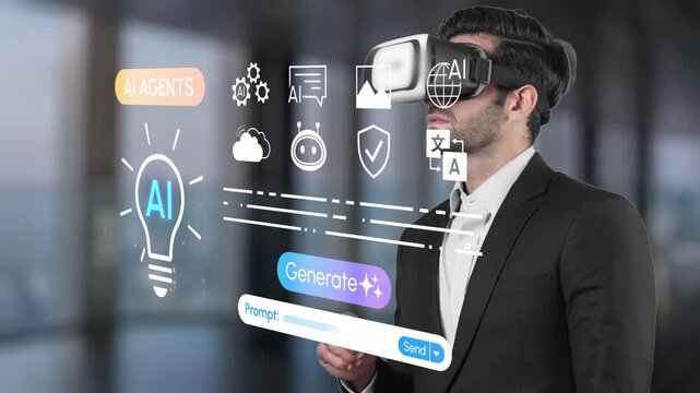 Man in Virtual Reality Glasses Interacting with AI Concepts in a Modern Office Environment with Digital Icons and Innovative Ideas. Entropy.