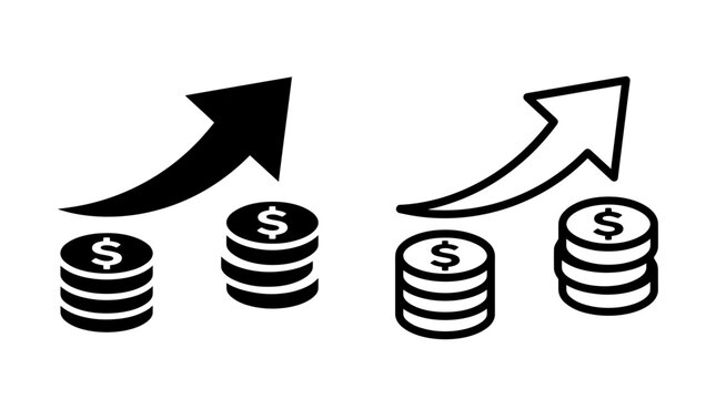 Black and white stacked coins with a rising arrow trend icon set