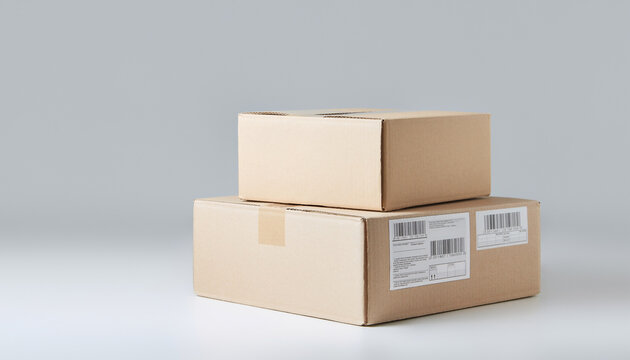 Two closed brown cardboard boxes with shipping labels stacked together isolated on a light gray background, with copy space
