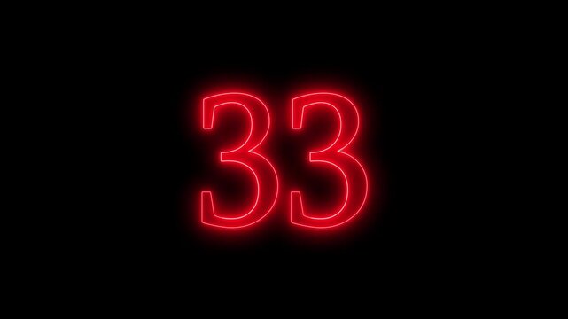 glowing neon text 33 number countdown icon animation video on a black background