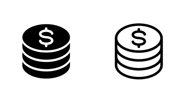 Stack of dollar coins icons in solid and outlined styles with currency