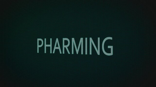 Pharming word text typing animation on a computer screen in After Effects. Motion graphics highlight cyber fraud, website redirection, and modern digital security awareness concepts.