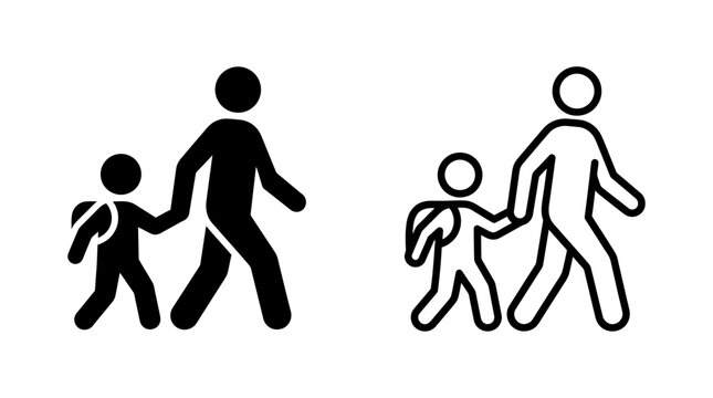 Student walking with parent icon set in glyph and outline styles