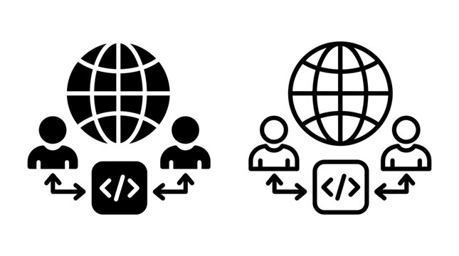 Global software development icon set with globe and code symbols