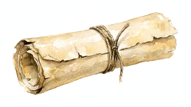 Watercolor illustration of an antique rolled parchment scroll tied with a rustic hemp rope.