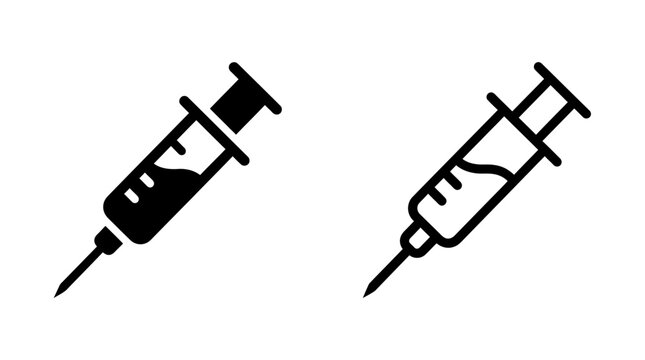Medical syringe icon set in solid and linear black design with injection