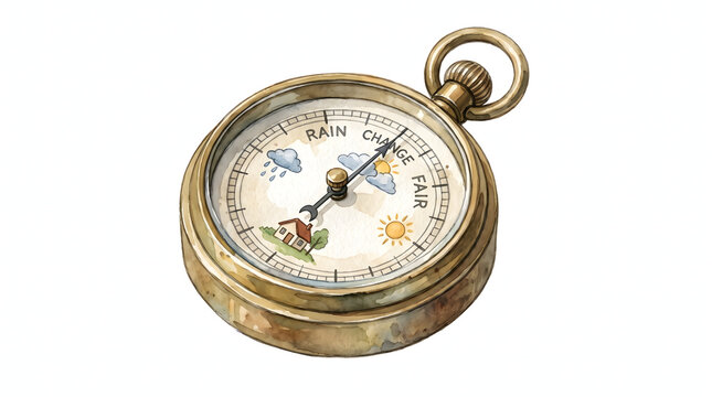 Antique brass barometer watercolor illustration showing weather changes from rain to sunny skies