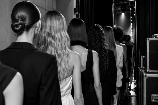 Fashion Models Waiting Backstage Before Runway Show in Black and White