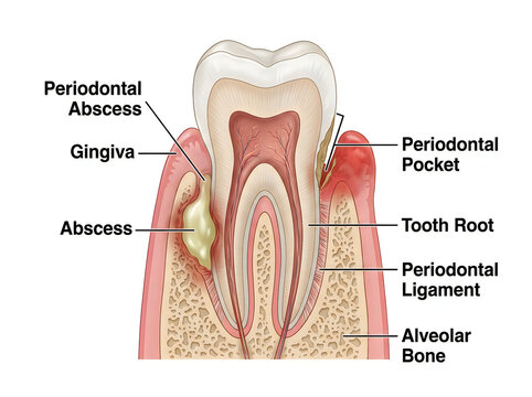 Periodontal Abscess Cross Section Medical Illustration Showing Gum Pocket Infection Tooth Root and Alveolar Bone Diagram Isolated