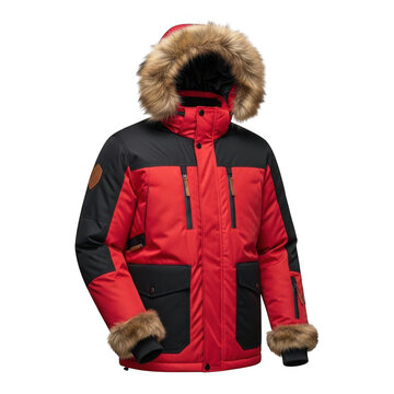 Red and black winter parka jacket with fur hood isolated on white background