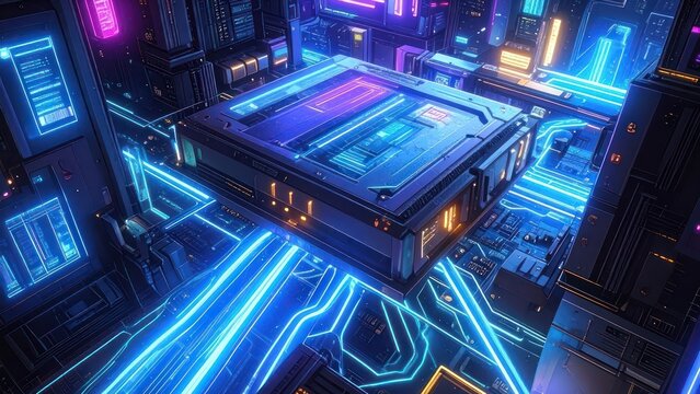 Elegant Futuristic Cyberpunk Data Center with Glowing Blue Circuitry and High Tech Servers with high quality professional line art symbols for modern creative design and digital branding projects