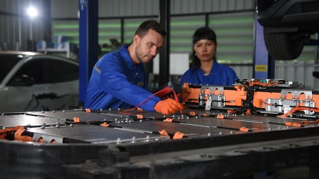 EV technicians inspect engineer inspecting electric vehicle battery
