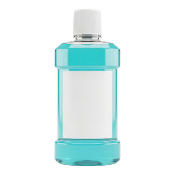 Blue mouthwash bottle with blank label isolated on white background for dental branding.