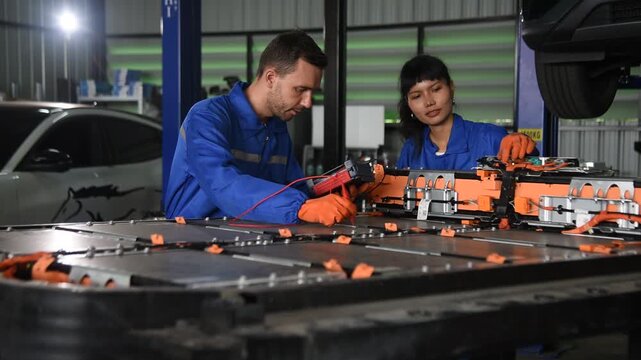 EV technicians inspect engineer inspecting electric vehicle battery
