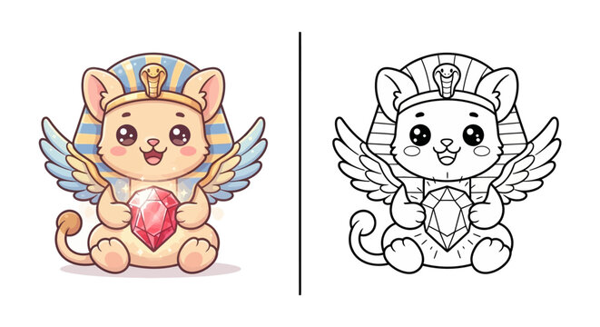 Cute kawaii baby sphinx headdress ruby gem egyptian fantasy kids coloring page vector