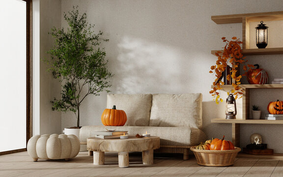 3D rendering of Cozy Halloween living room interior with pumpkins candles and autumn decor