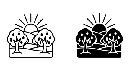 Fototapeta premium Orchard Landscape Icons: Pear Trees, Sun, Hills, Vector Art Set