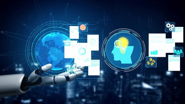 Futuristic robot hand interacting with digital displays and holographic elements showcasing technology, innovation, and data management concepts in a modern urban setting. Entropy.