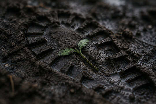 Delicate green seedling pressed into dark wet soil by heavy boot sole imprint, symbolic contrast.