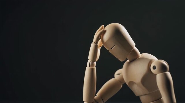 思案げに手を上げる木製デッサン人形