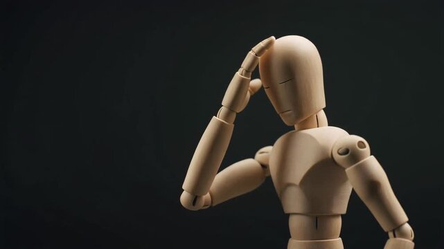 思案げに手を上げる木製デッサン人形