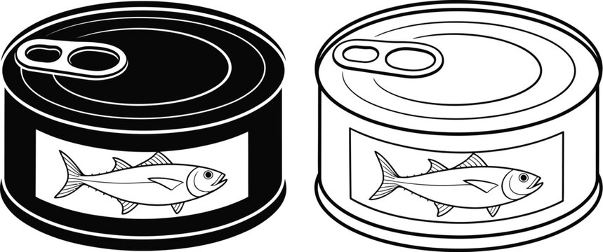 Canned tuna fish tin can solid and outline icons set, vector illustration of metal food cans with fish labels for seafood packaging, grocery, and retail.
