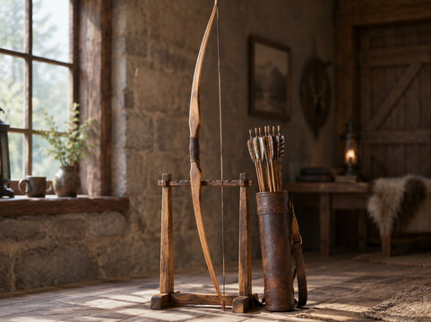 A tall longbow standing upright on a wooden rack with a quiver of arrows beside it.