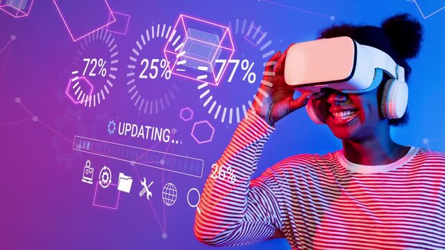 Young woman enjoying virtual reality experience while wearing modern VR headset with vibrant blue and purple background and digital interface elements. Entropy.