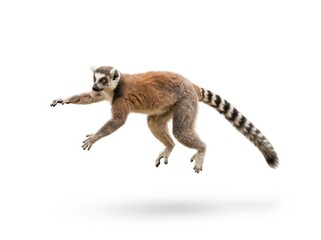Fototapeta premium Ring-Tailed Lemur Mid-Leap on White Background