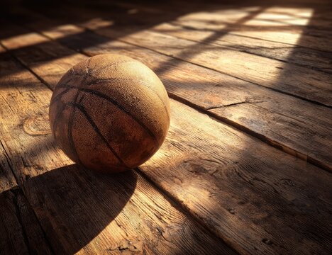 Vintage basketball on weathered wooden floor. Sunlight casts shadows