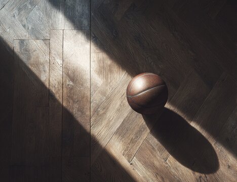 Sunlit basketball on wood floor