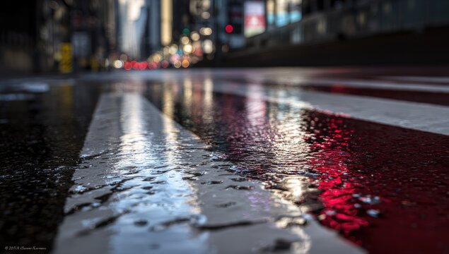 Wet city street, close-up pedestrian crossing. Urban reflections on a wet asphalt surface