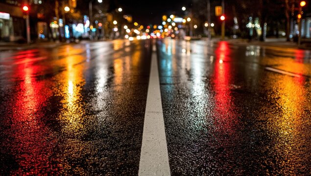 Night street scene, rain-slicked road, blurred lights